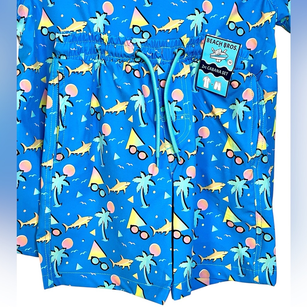 New boys beach outfit sharks and palm trees button up top with shorts - Picture 2 of 4